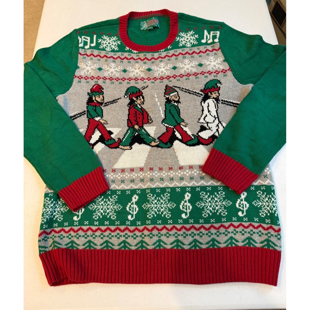 Ugly Christmas Sweater Abbey Road Beatles Parody Elves Green Red Large funny